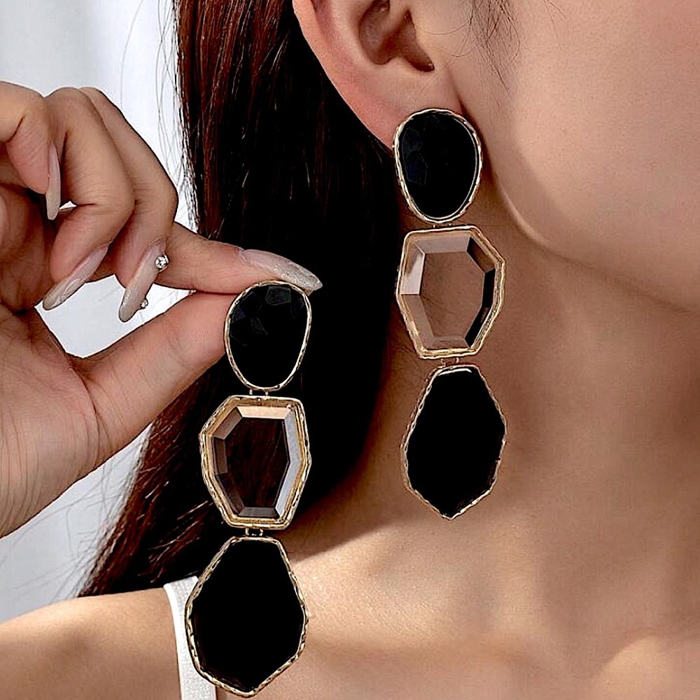 Gold and Black Dangle Gemstones Earrings
